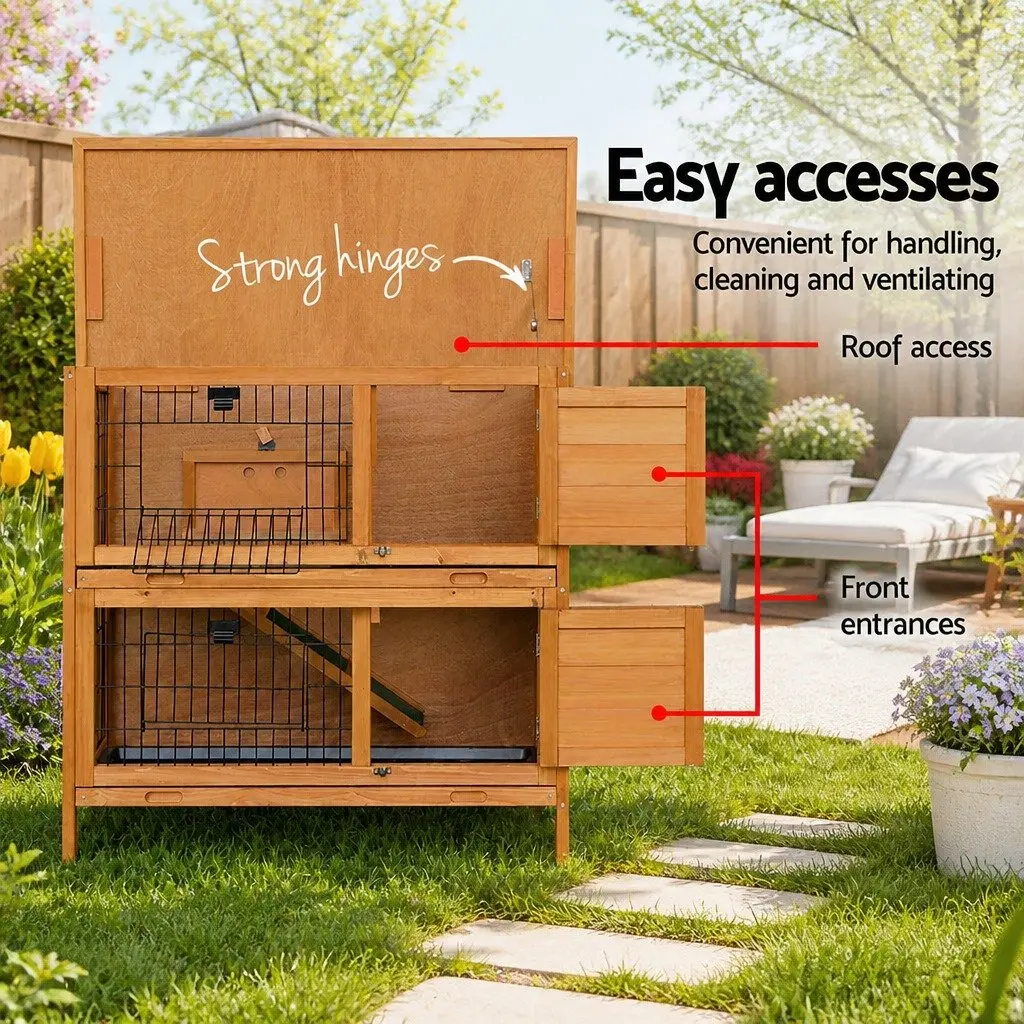 Rabbit Hutch Natural Wood 91.5cm Double Tier Cage with Foldable Ramp and Slide Out Tray