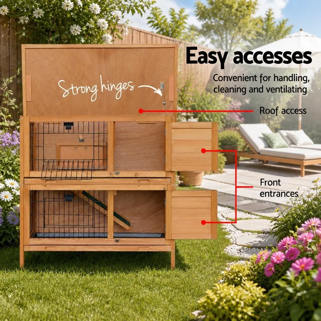 Rabbit Hutch Natural Wood 91.5cm Double Tier Cage with Foldable Ramp and Slide Out Tray
