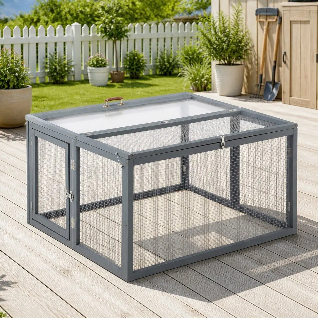 Portable Chicken Coop Grey 110cm Folding Outdoor Cage with Large Access Opening and Secure Locking Mechanisms