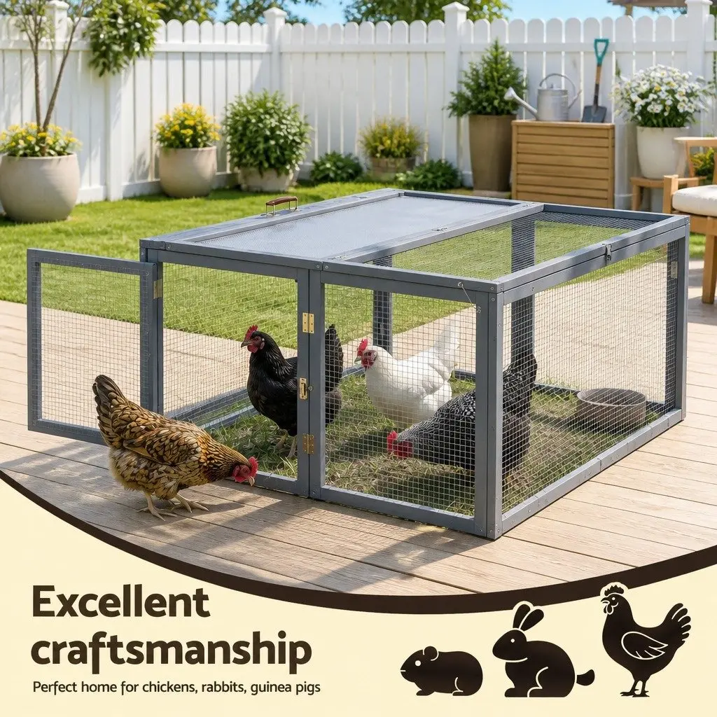 Portable Chicken Coop Grey 110cm Folding Outdoor Cage with Large Access Opening and Secure Locking Mechanisms