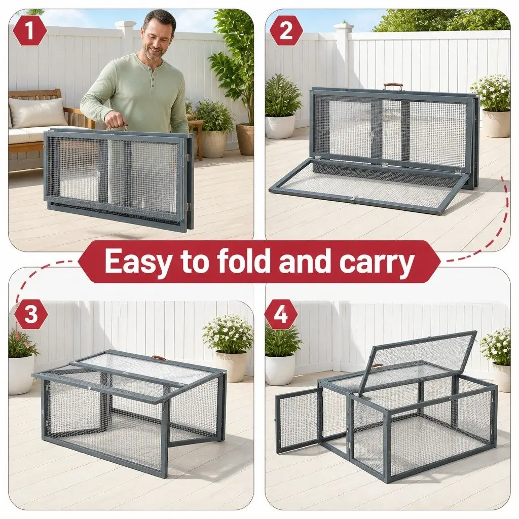 Portable Chicken Coop Grey 110cm Folding Outdoor Cage with Large Access Opening and Secure Locking Mechanisms