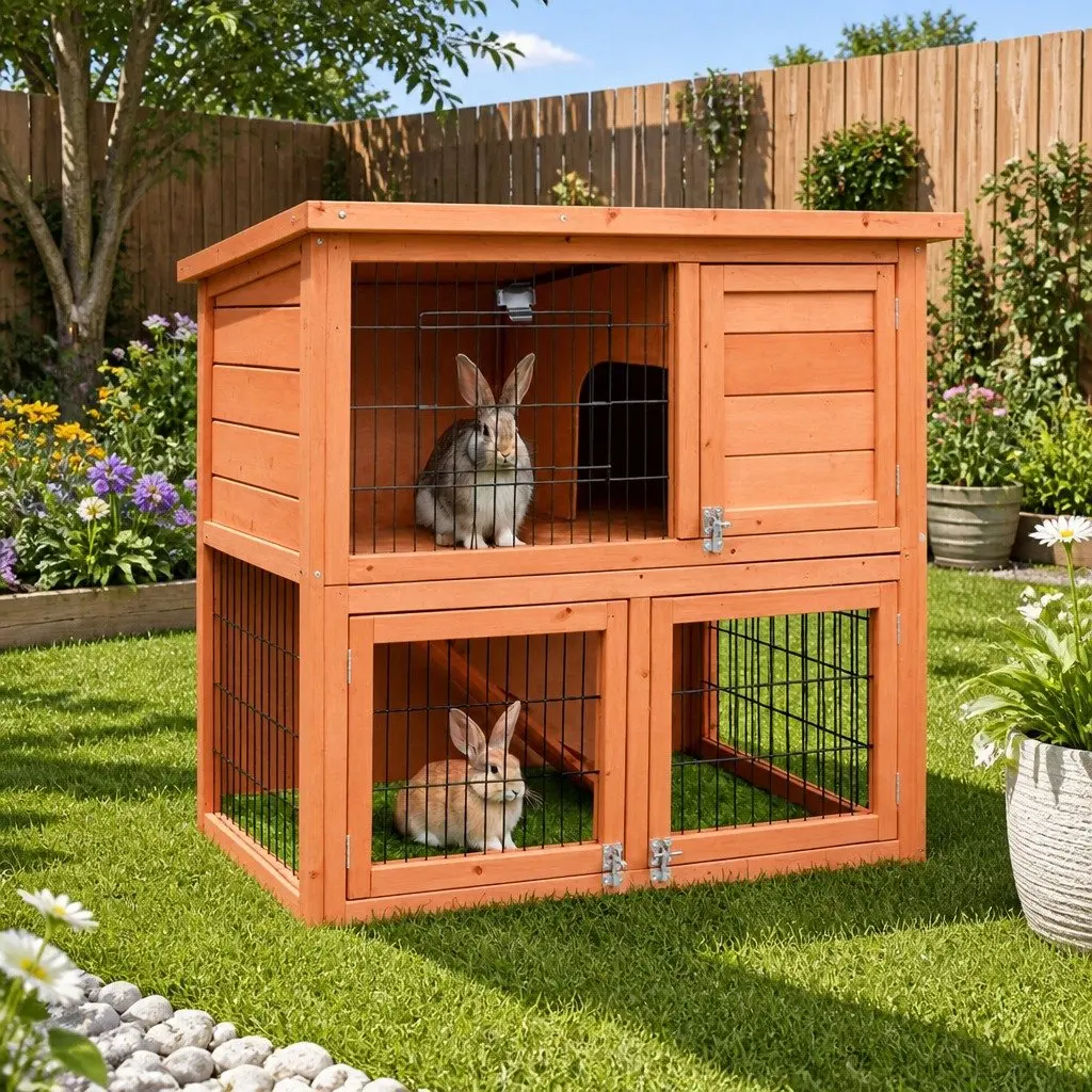 Wooden Rabbit Hutch Brown 88cm Two Storey Pet Cage with Integrated Outdoor Run and Foldable Ramp