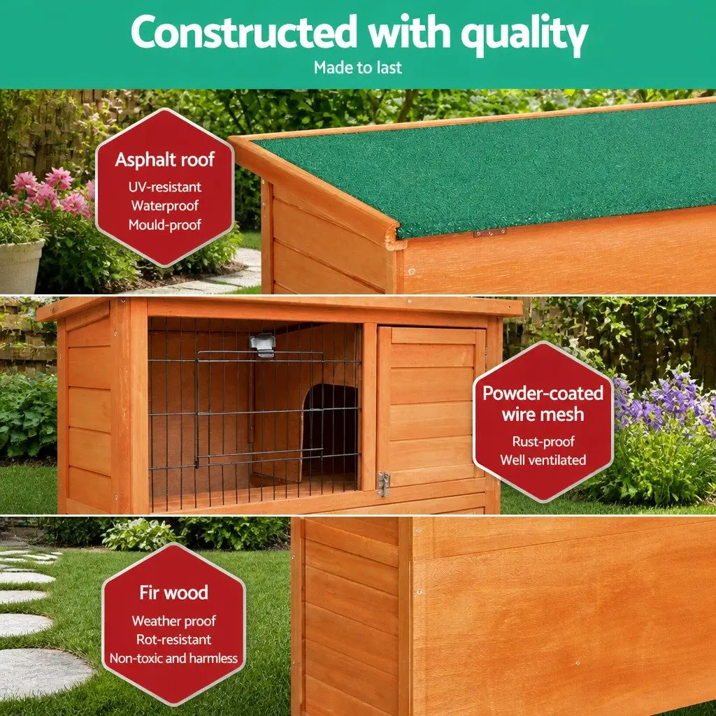 Wooden Rabbit Hutch Brown 88cm Two Storey Pet Cage with Integrated Outdoor Run and Foldable Ramp