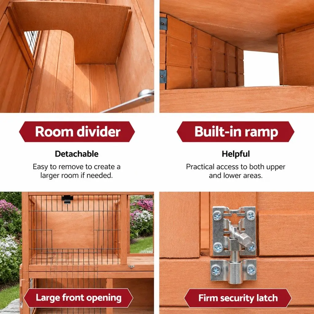 Wooden Rabbit Hutch Brown 88cm Two Storey Pet Cage with Integrated Outdoor Run and Foldable Ramp