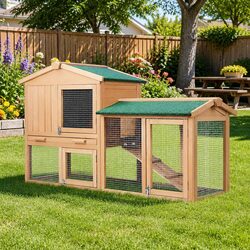 Wooden Chicken Coop Rabbit Hutch 138cm Large Outdoor Pet Cage House Run Beige