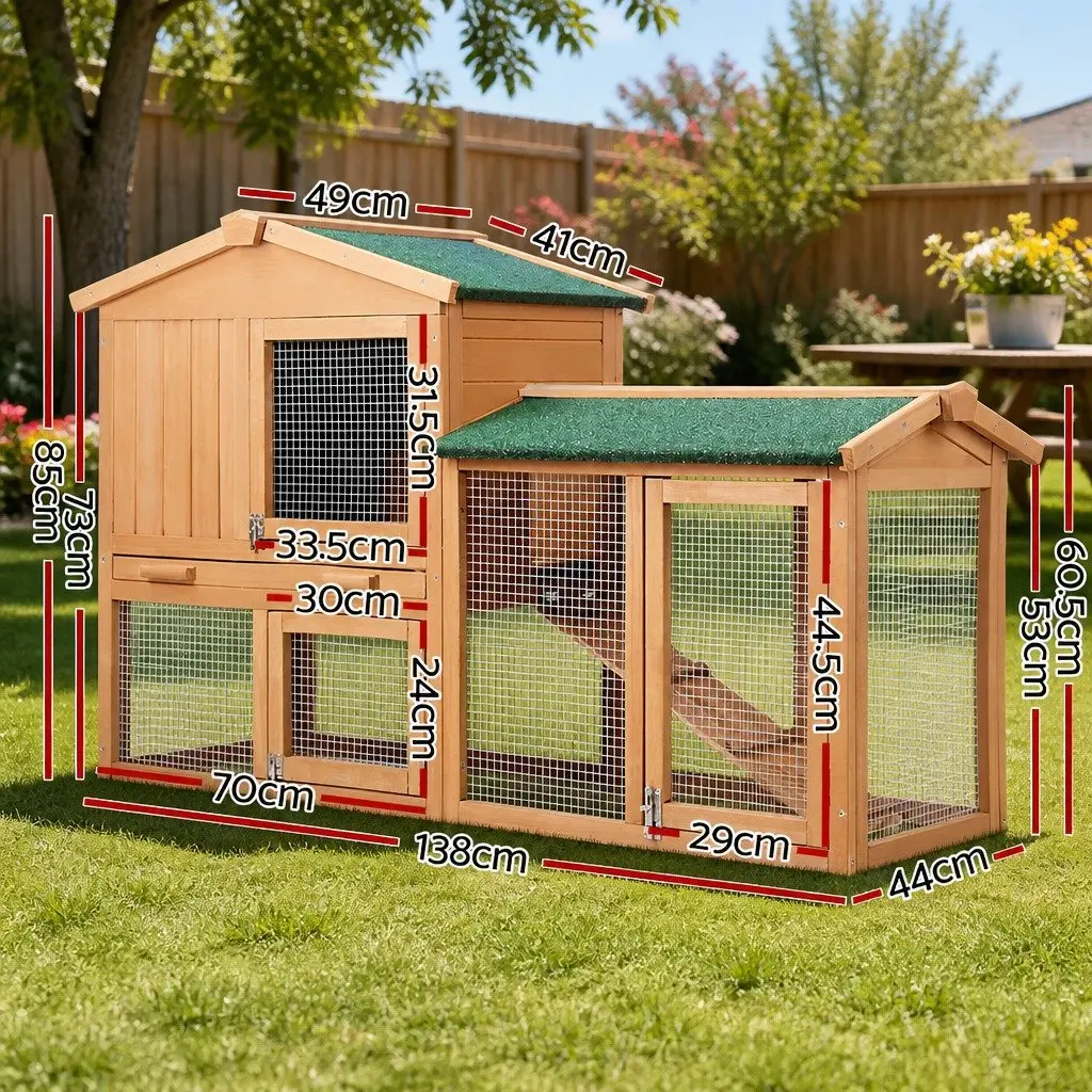 Wooden Chicken Coop Rabbit Hutch Beige 138cm Large Outdoor Pet Cage House Run with Two Living Levels and Easy Access Doors