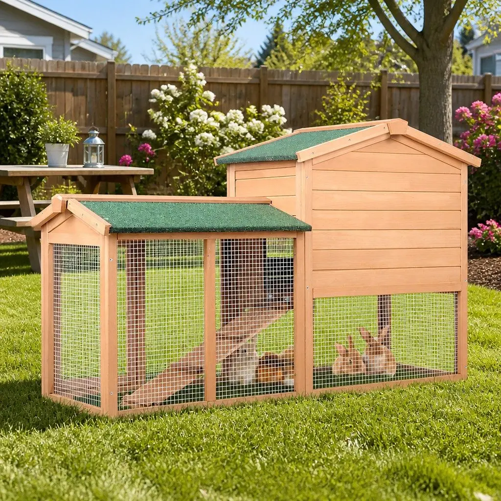 Wooden Chicken Coop Rabbit Hutch Beige 138cm Large Outdoor Pet Cage House Run with Two Living Levels and Easy Access Doors