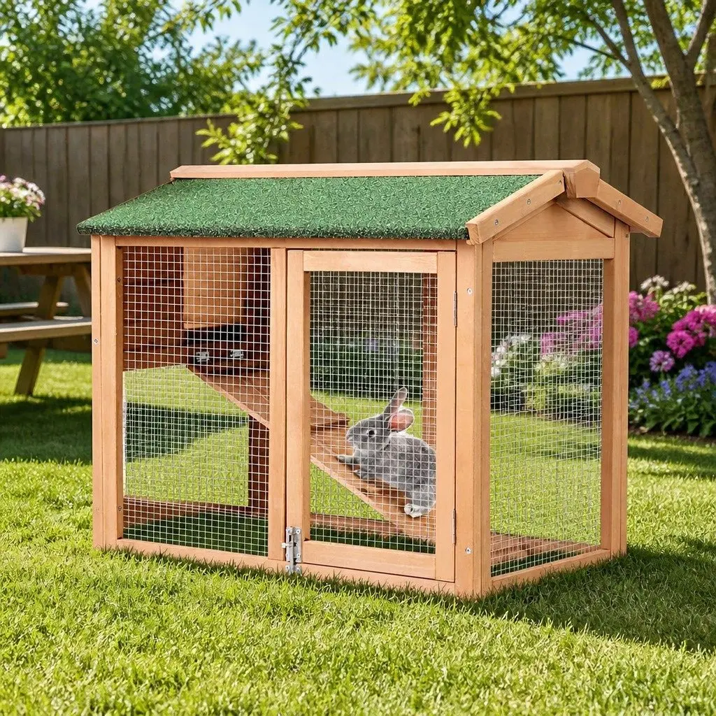 Wooden Chicken Coop Rabbit Hutch Beige 138cm Large Outdoor Pet Cage House Run with Two Living Levels and Easy Access Doors