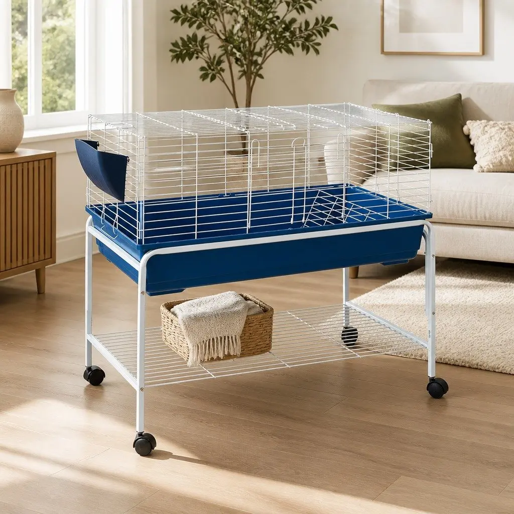 Indoor Rabbit Hutch 106cm with Stand and Castor Wheels Heavy Duty Steel Plastic Base for Small Animals