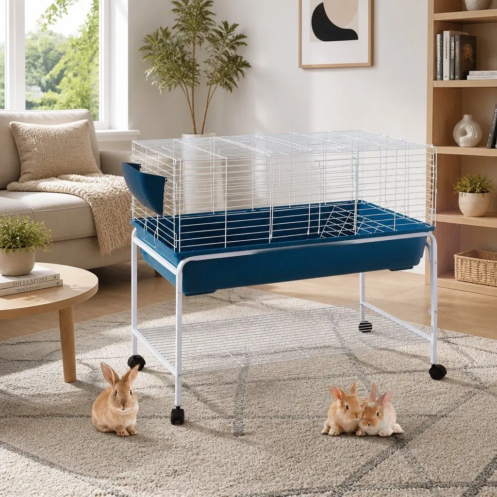 Indoor Rabbit Hutch 106cm with Stand and Castor Wheels Heavy Duty Steel Plastic Base for Small Animals