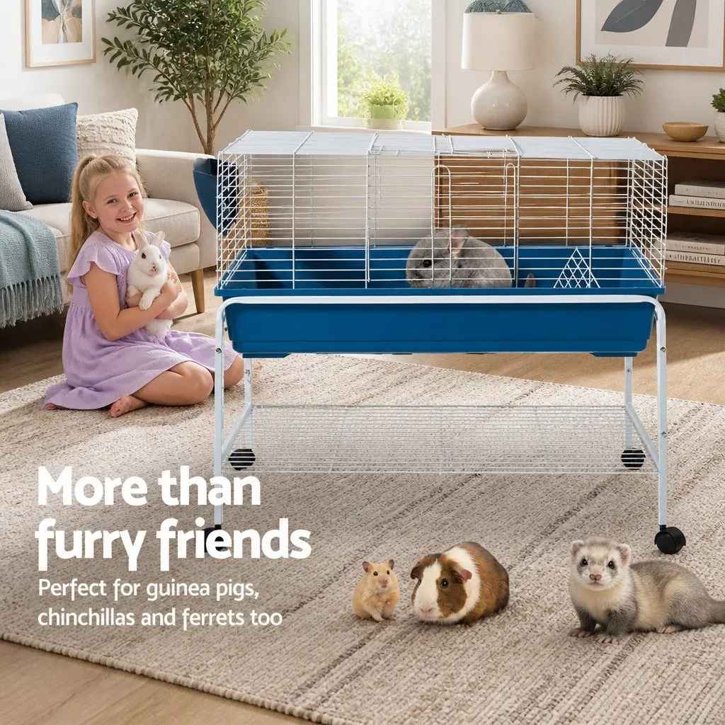 Indoor Rabbit Hutch 106cm with Stand and Castor Wheels Heavy Duty Steel Plastic Base for Small Animals