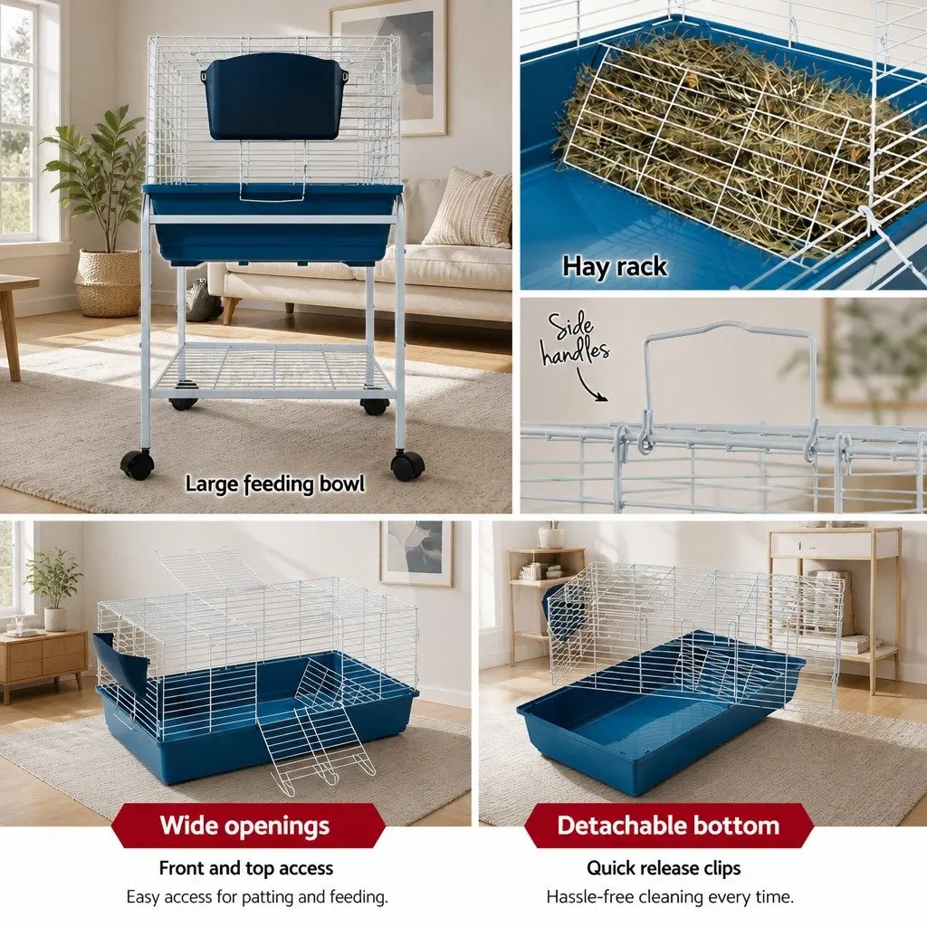 Indoor Rabbit Hutch 106cm with Stand and Castor Wheels Heavy Duty Steel Plastic Base for Small Animals