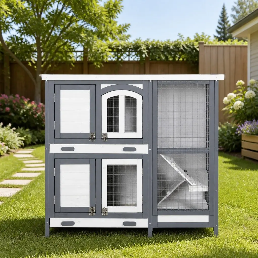 Rabbit Hutch Grey and White 98cm Wooden House with Galvanised Mesh and Asphalt Felt Roof for Outdoor Small Animals