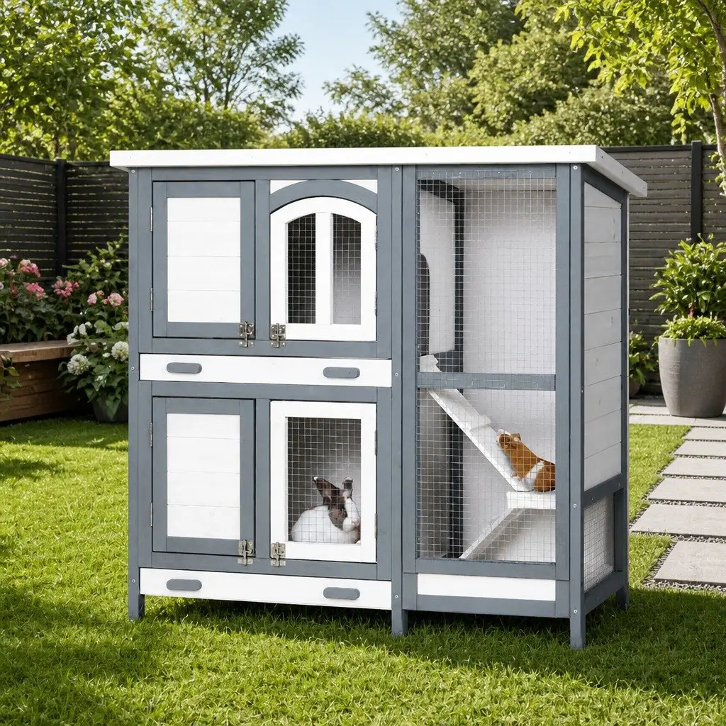Rabbit Hutch Grey and White 98cm Wooden House with Galvanised Mesh and Asphalt Felt Roof for Outdoor Small Animals