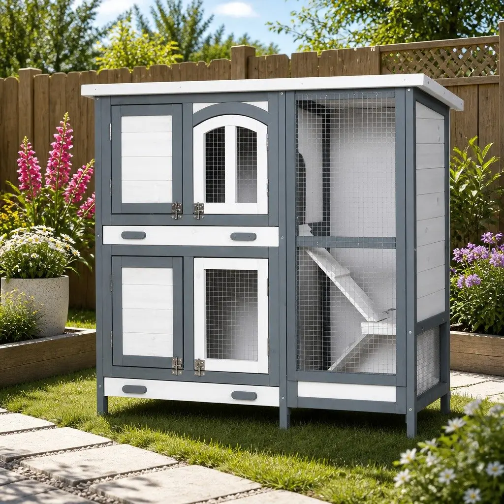 Rabbit Hutch Grey and White 98cm Wooden House with Galvanised Mesh and Asphalt Felt Roof for Outdoor Small Animals