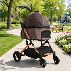 Pet Stroller Dog Pram Cat Carrier Travel Foldable 4 Wheels Pushchair Brown