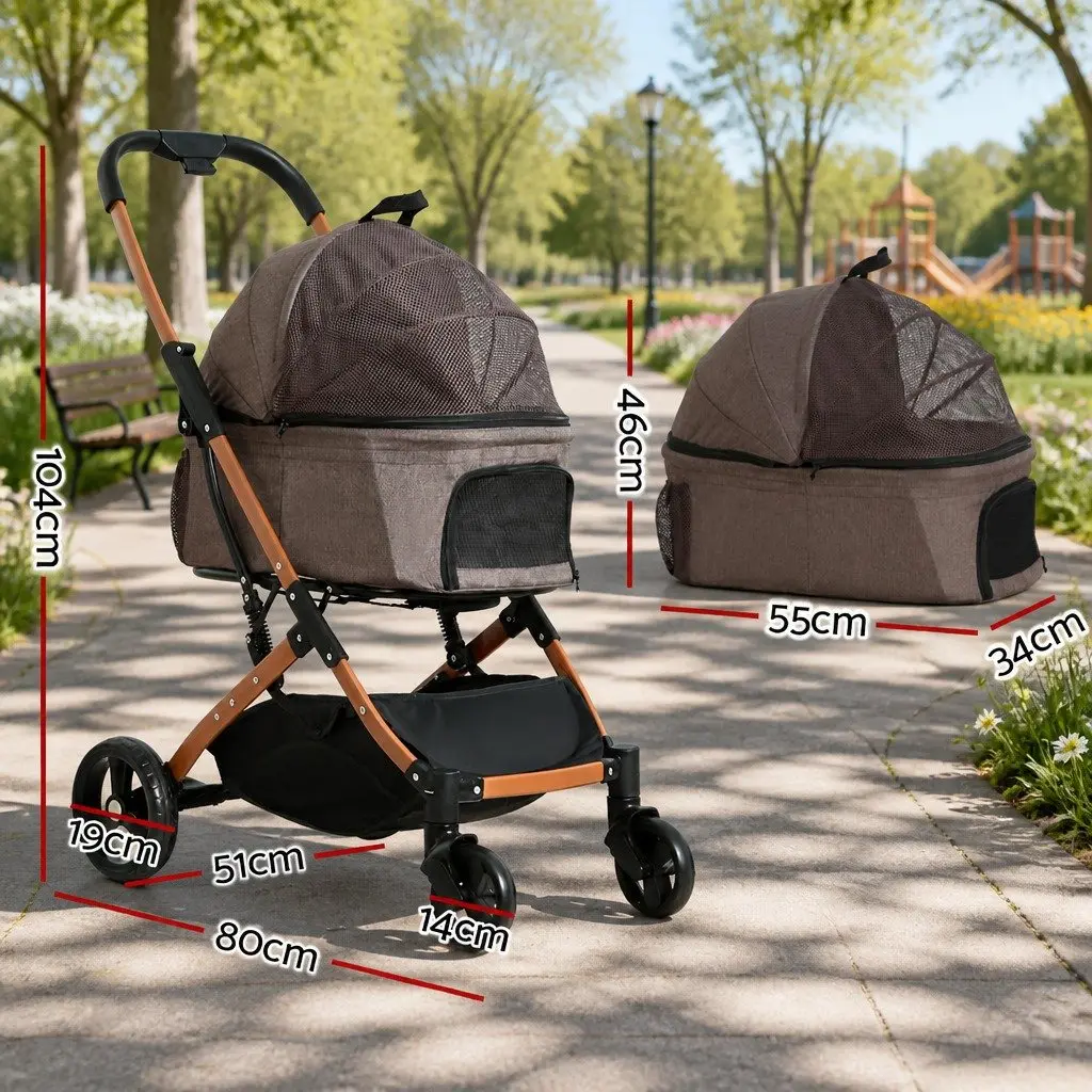 Pet Stroller Brown 3-in-1 Foldable 4 Wheels Pushchair with UV Protection Breathable Mesh Window and Safety Belt