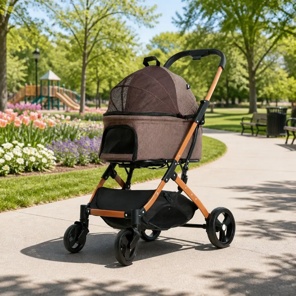 Pet Stroller Brown 3-in-1 Foldable 4 Wheels Pushchair with UV Protection Breathable Mesh Window and Safety Belt