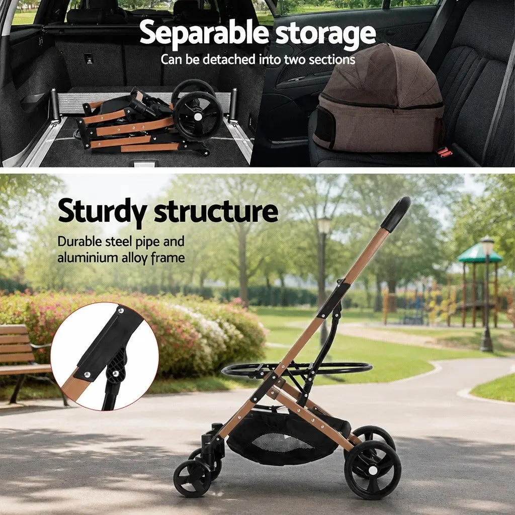 Pet Stroller Brown 3-in-1 Foldable 4 Wheels Pushchair with UV Protection Breathable Mesh Window and Safety Belt