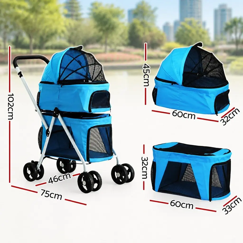 Pet Stroller Blue 3-in-1 Foldable with Removable Cushion and 360° Rotatable Wheels