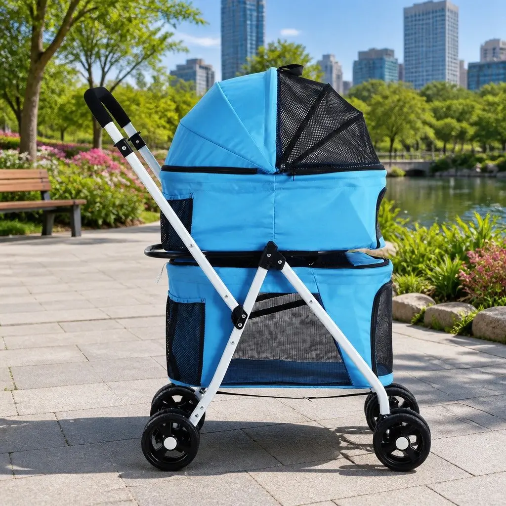 Pet Stroller Blue 3-in-1 Foldable with Removable Cushion and 360° Rotatable Wheels