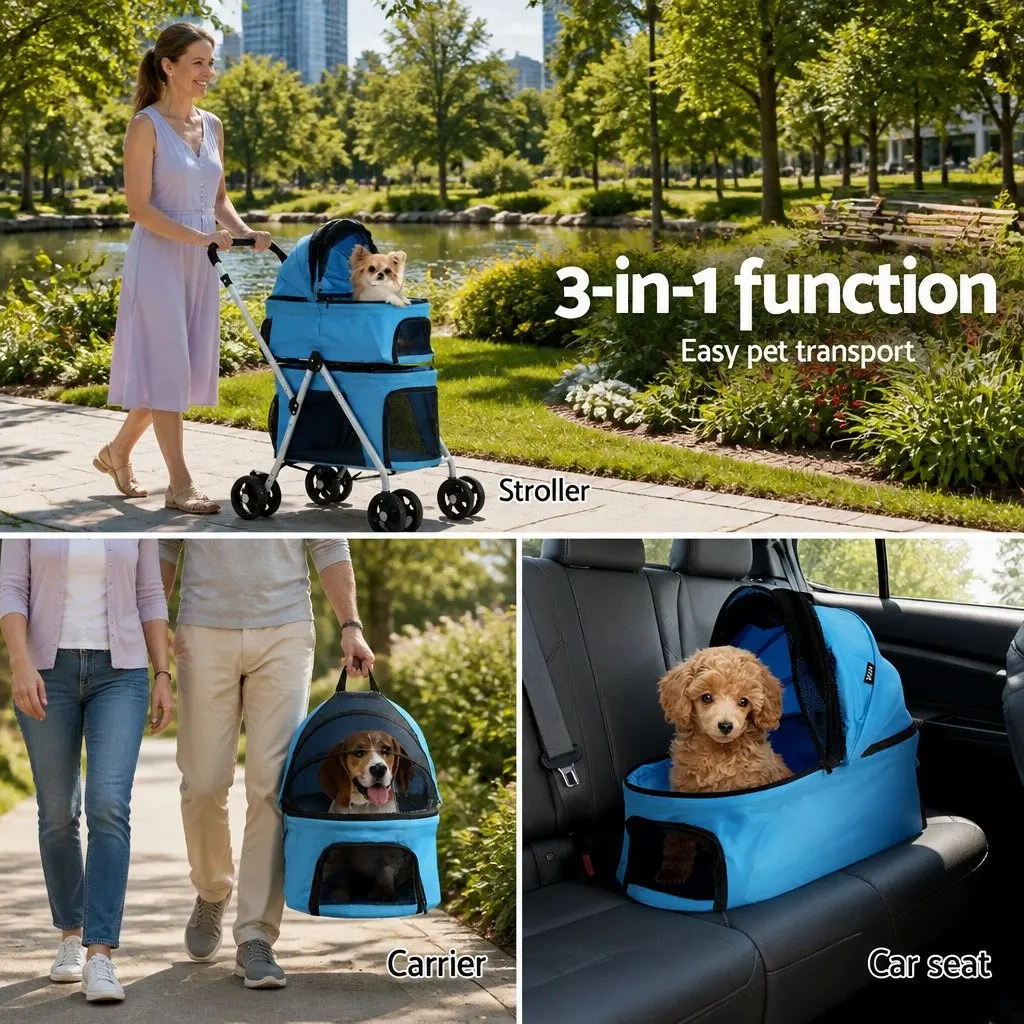 Pet Stroller Blue 3-in-1 Foldable with Removable Cushion and 360° Rotatable Wheels