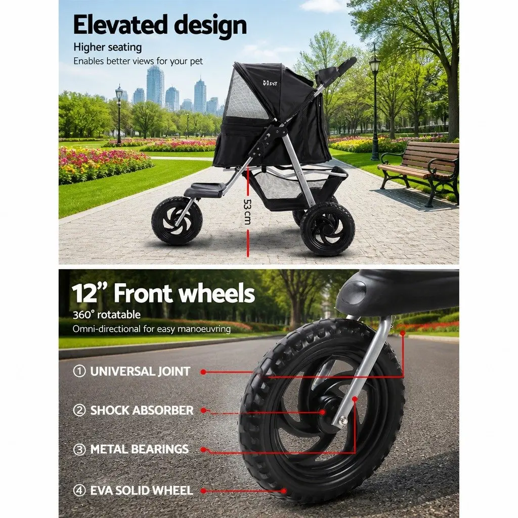 Pet Stroller Dog Pram Cat Carrier 3 Wheels Foldable Pushchair Travel Portable