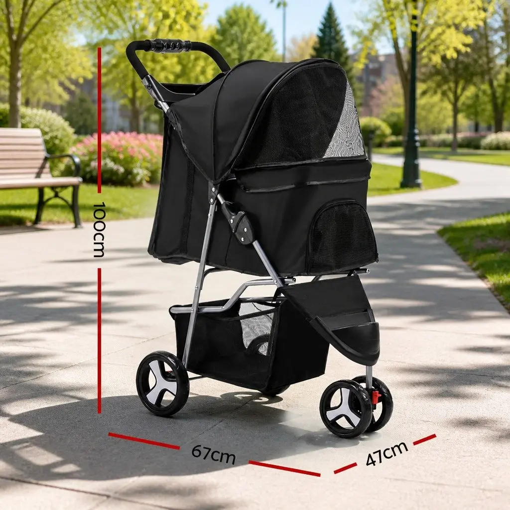 Pet Stroller Black 3 Wheel Foldable Large Travel Pushchair
