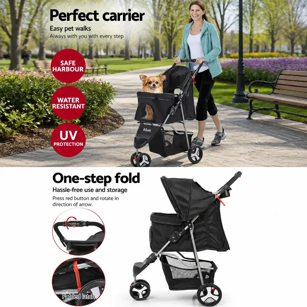 Pet Stroller Black 3 Wheel Foldable Large Travel Pushchair