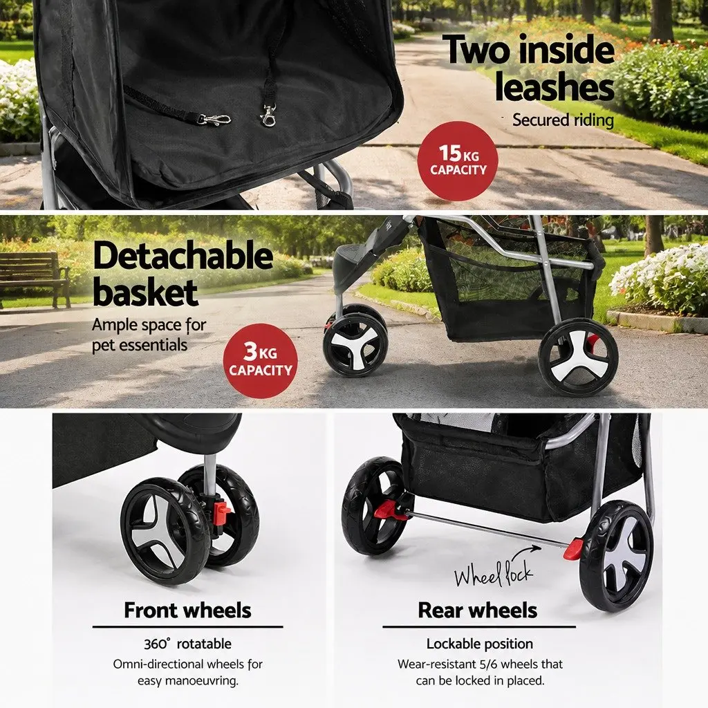 Pet Stroller Black 3 Wheel Foldable Large Travel Pushchair