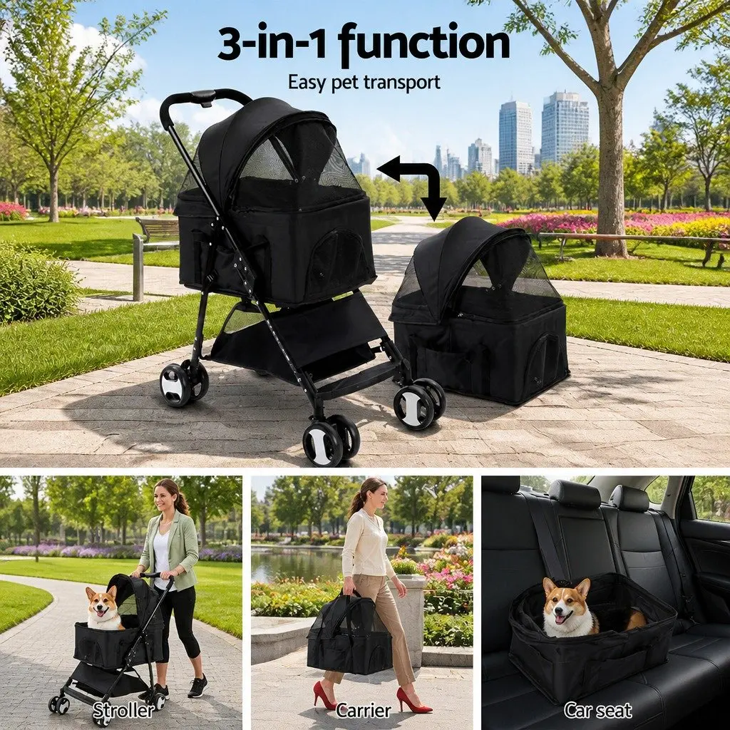 Pet Stroller Black Foldable 3-in-1 Functionality Stroller Carrier Car Seat