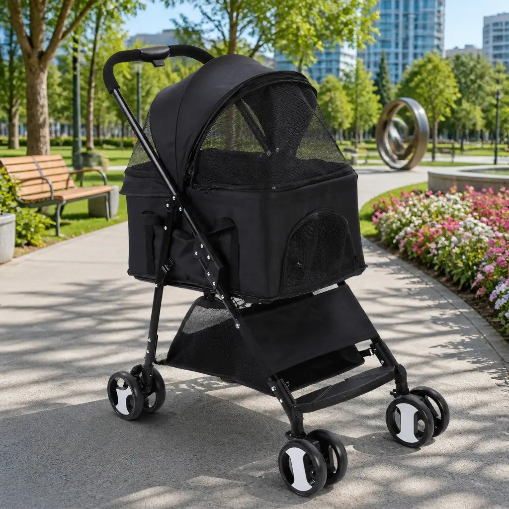 Pet Stroller Black Foldable 3-in-1 Functionality Stroller Carrier Car Seat
