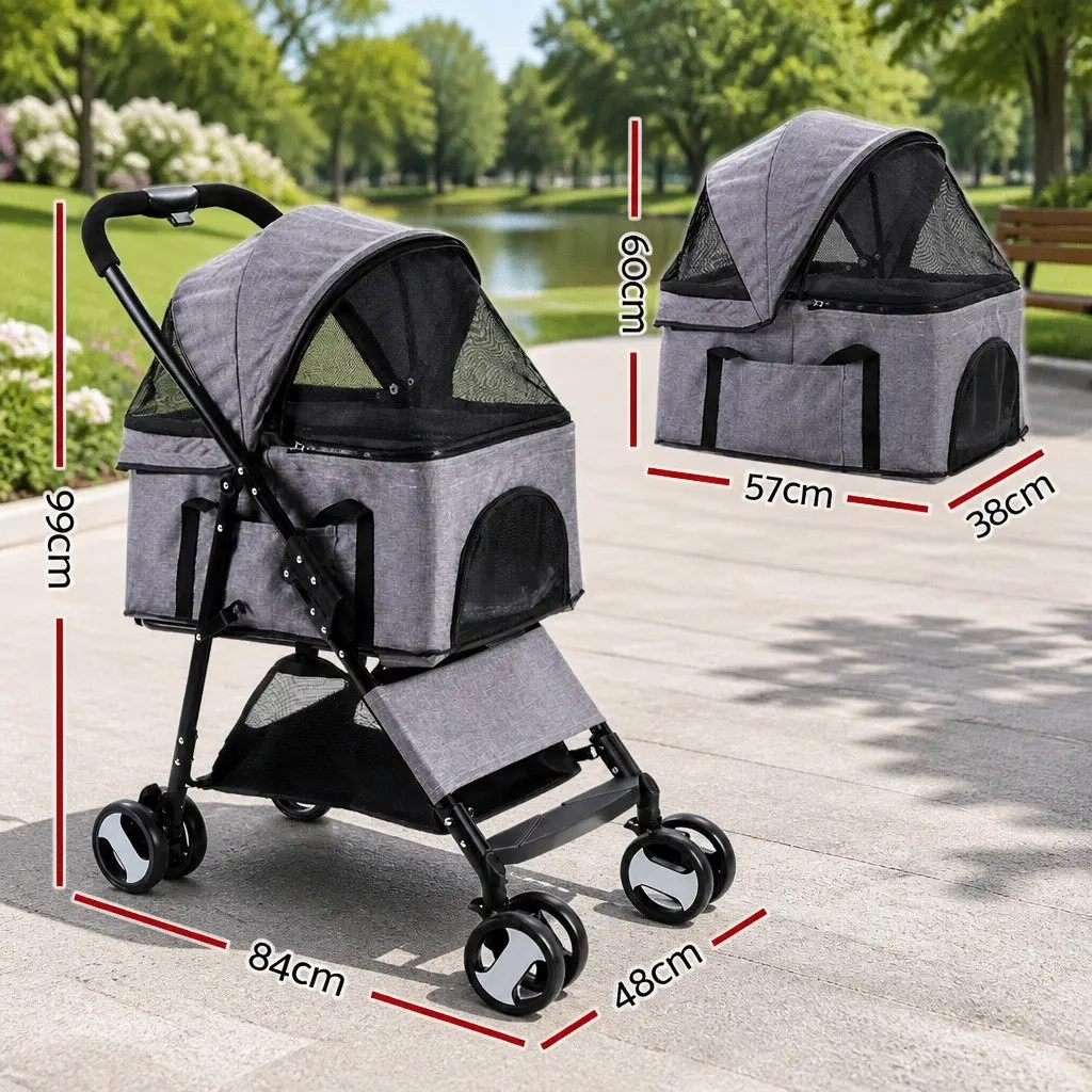 Pet Stroller Grey Large Foldable 3-in-1 Carrier Travel Pushchair with 360 Rotatable Wheels