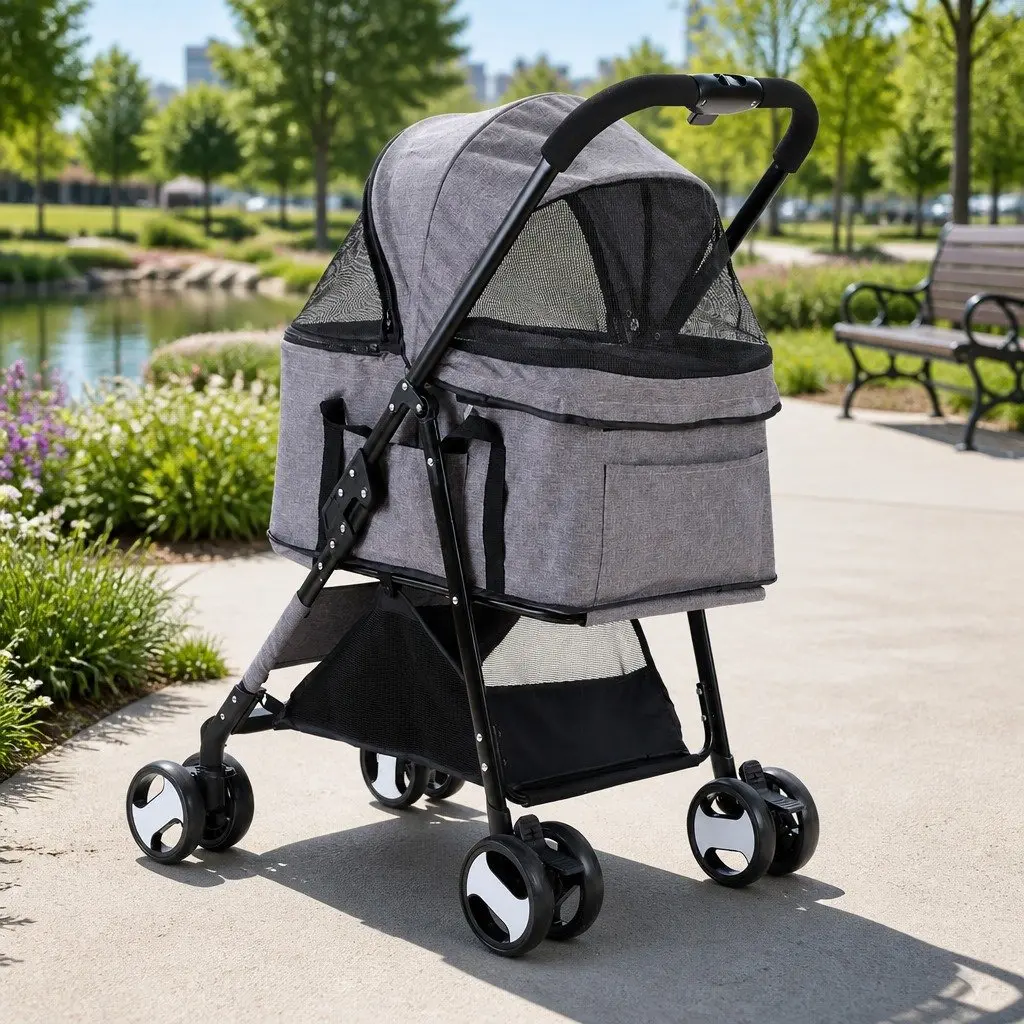 Pet Stroller Grey Large Foldable 3-in-1 Carrier Travel Pushchair with 360 Rotatable Wheels