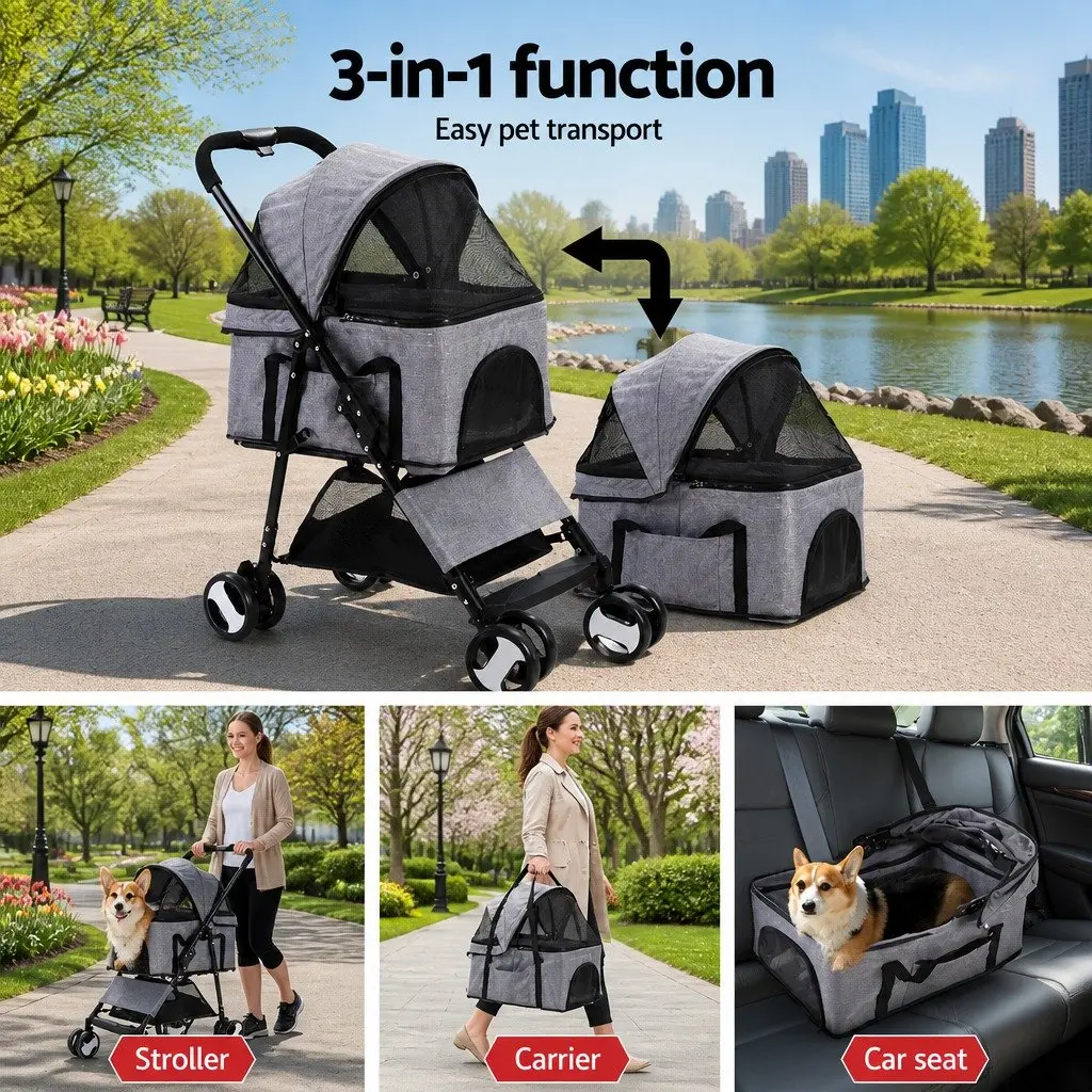 Pet Stroller Grey Large Foldable 3-in-1 Carrier Travel Pushchair with 360 Rotatable Wheels