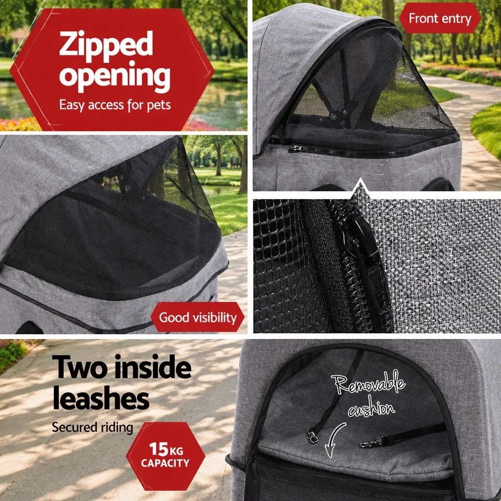 Pet Stroller Grey Large Foldable 3-in-1 Carrier Travel Pushchair with 360 Rotatable Wheels