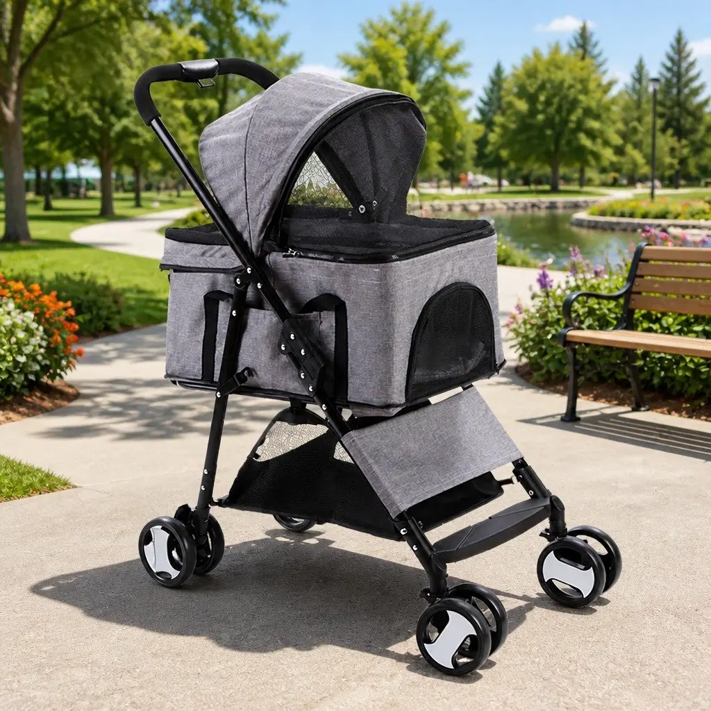 Pet Stroller Grey Large Foldable 3-in-1 Carrier Travel Pushchair with 360 Rotatable Wheels