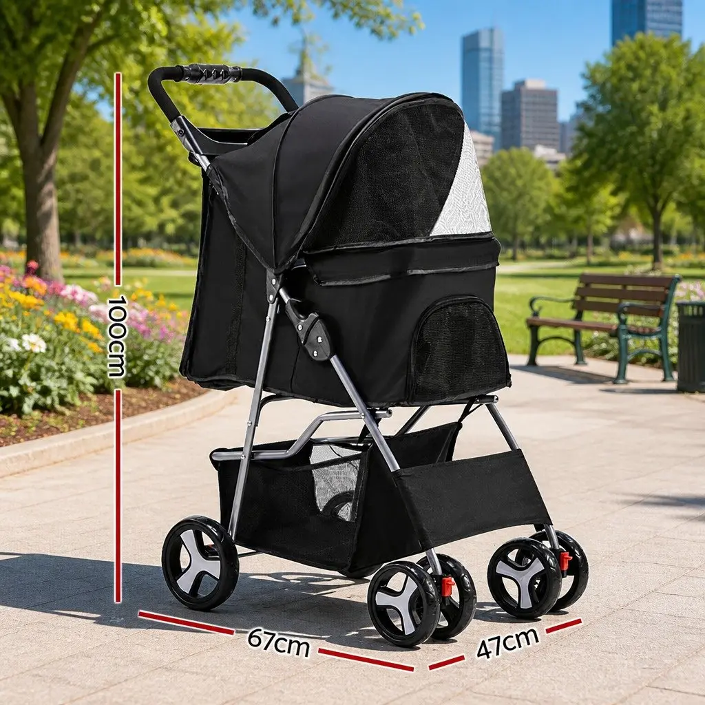 Pet Stroller Black Small Four Wheel Foldable Travel Pushchair Breathable Mesh