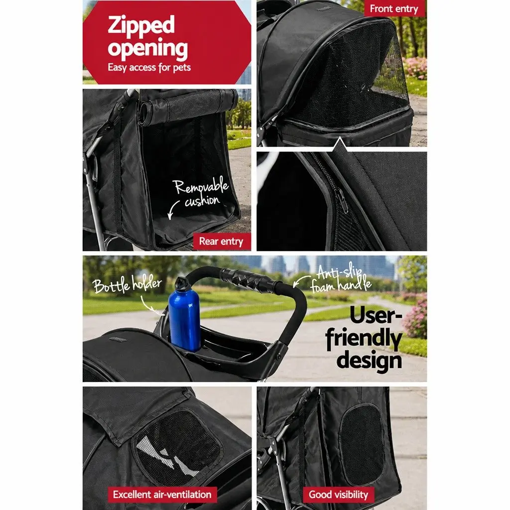 Pet Stroller Black Small Four Wheel Foldable Travel Pushchair Breathable Mesh