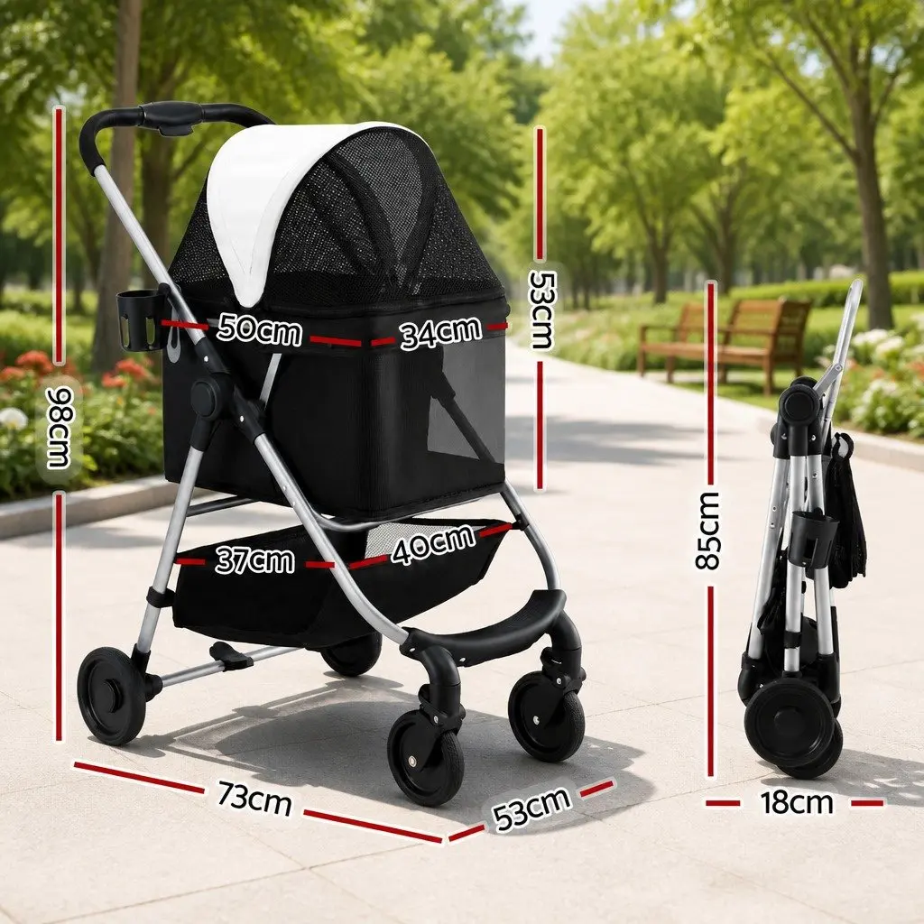 Pet Stroller Black Large Foldable 4 Wheels 360 Degree Rotatable Front Wheels