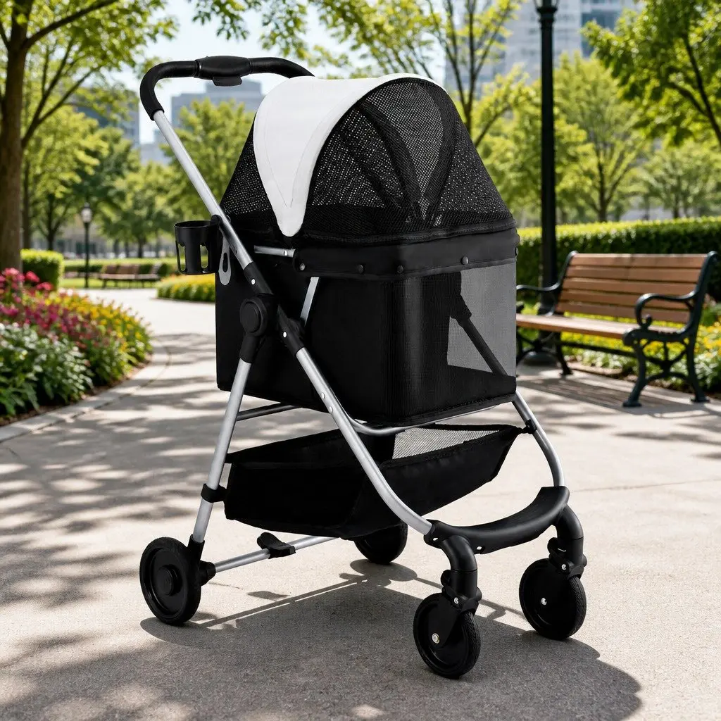Pet Stroller Black Large Foldable 4 Wheels 360 Degree Rotatable Front Wheels