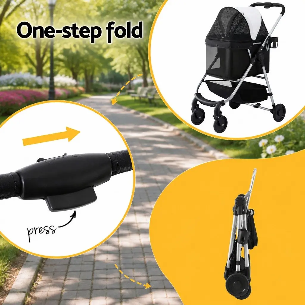 Pet Stroller Black Large Foldable 4 Wheels 360 Degree Rotatable Front Wheels