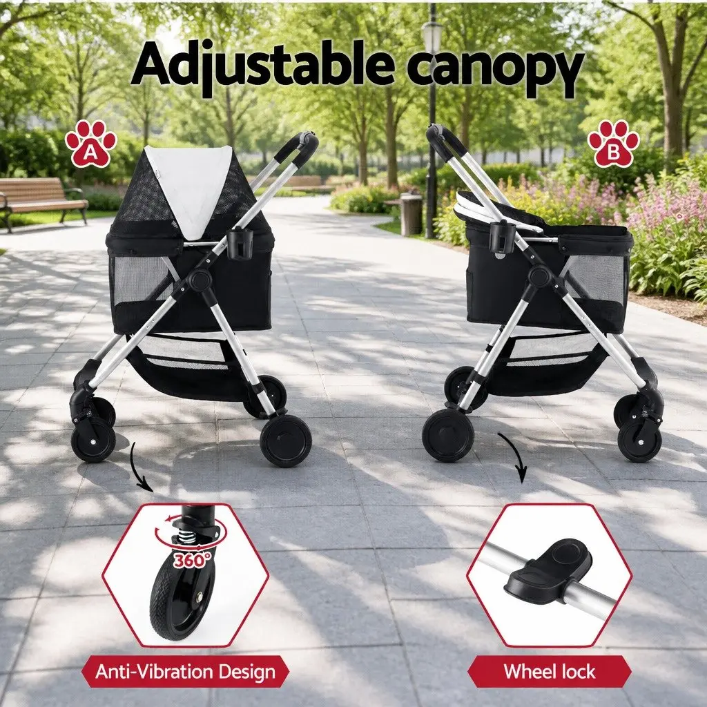 Pet Stroller Black Large Foldable 4 Wheels 360 Degree Rotatable Front Wheels