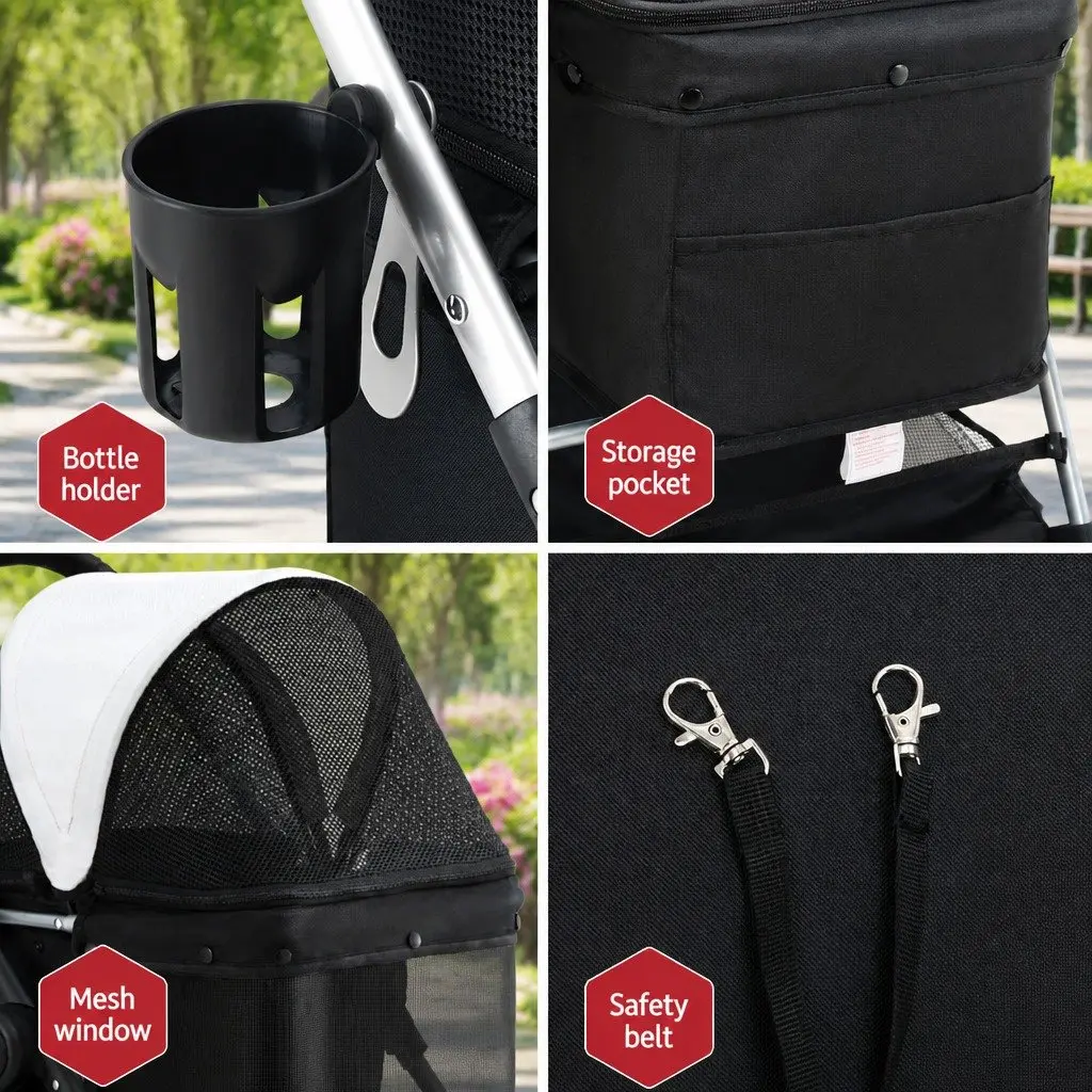 Pet Stroller Black Large Foldable 4 Wheels 360 Degree Rotatable Front Wheels