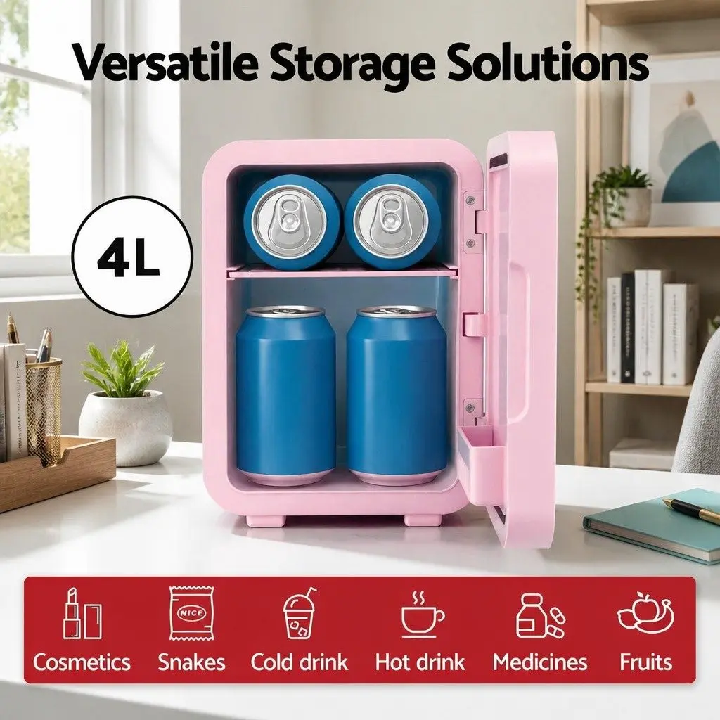 Mini Fridge Pink 4L Portable Skincare Cooler Warmer with LED Mirror