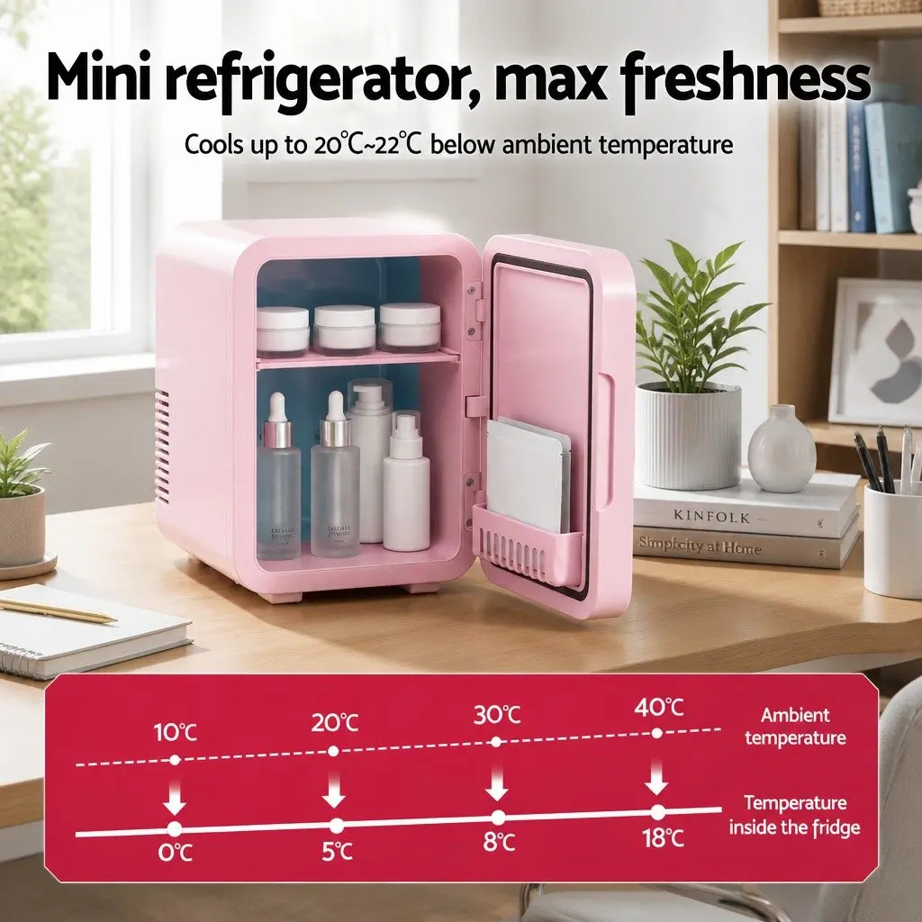 Mini Fridge Pink 4L Portable Skincare Cooler Warmer with LED Mirror