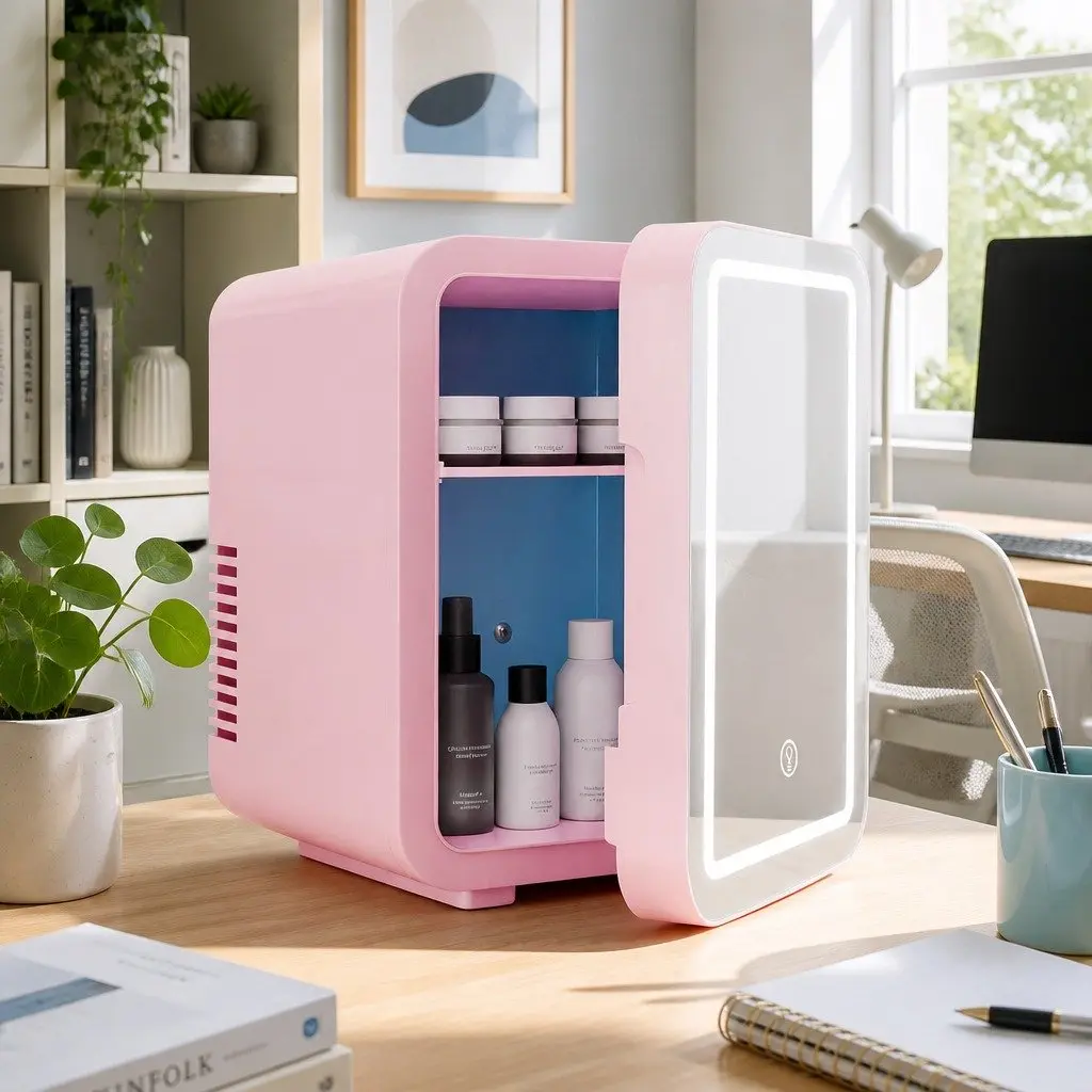 Mini Fridge Pink 4L Portable Skincare Cooler Warmer with LED Mirror