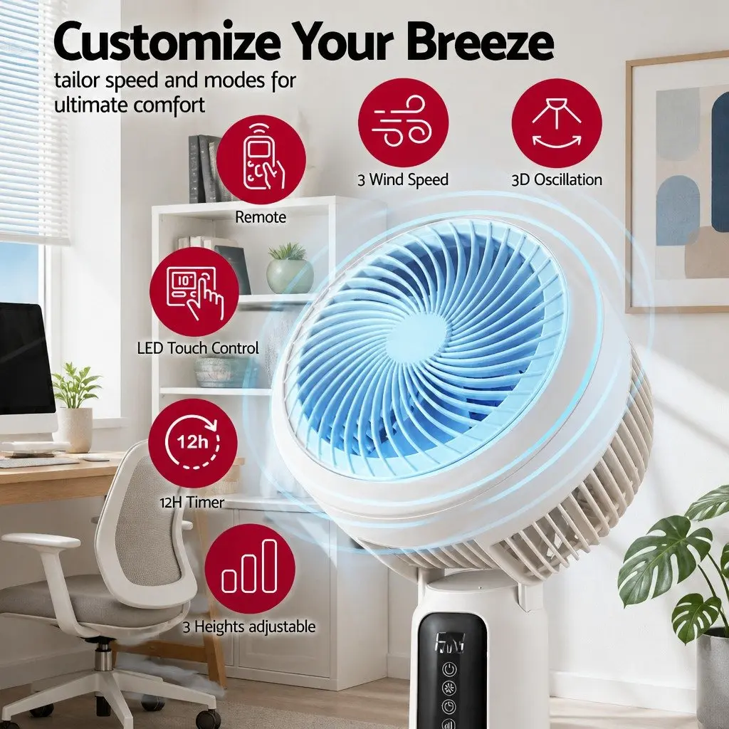 Pedestal Fan White Height Adjustable Remote Control 3 Speed 12H Timer