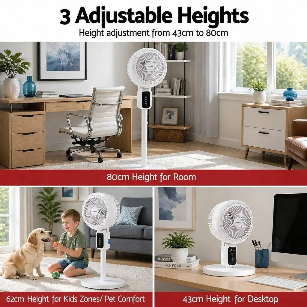 Pedestal Fan White Height Adjustable Remote Control 3 Speed 12H Timer