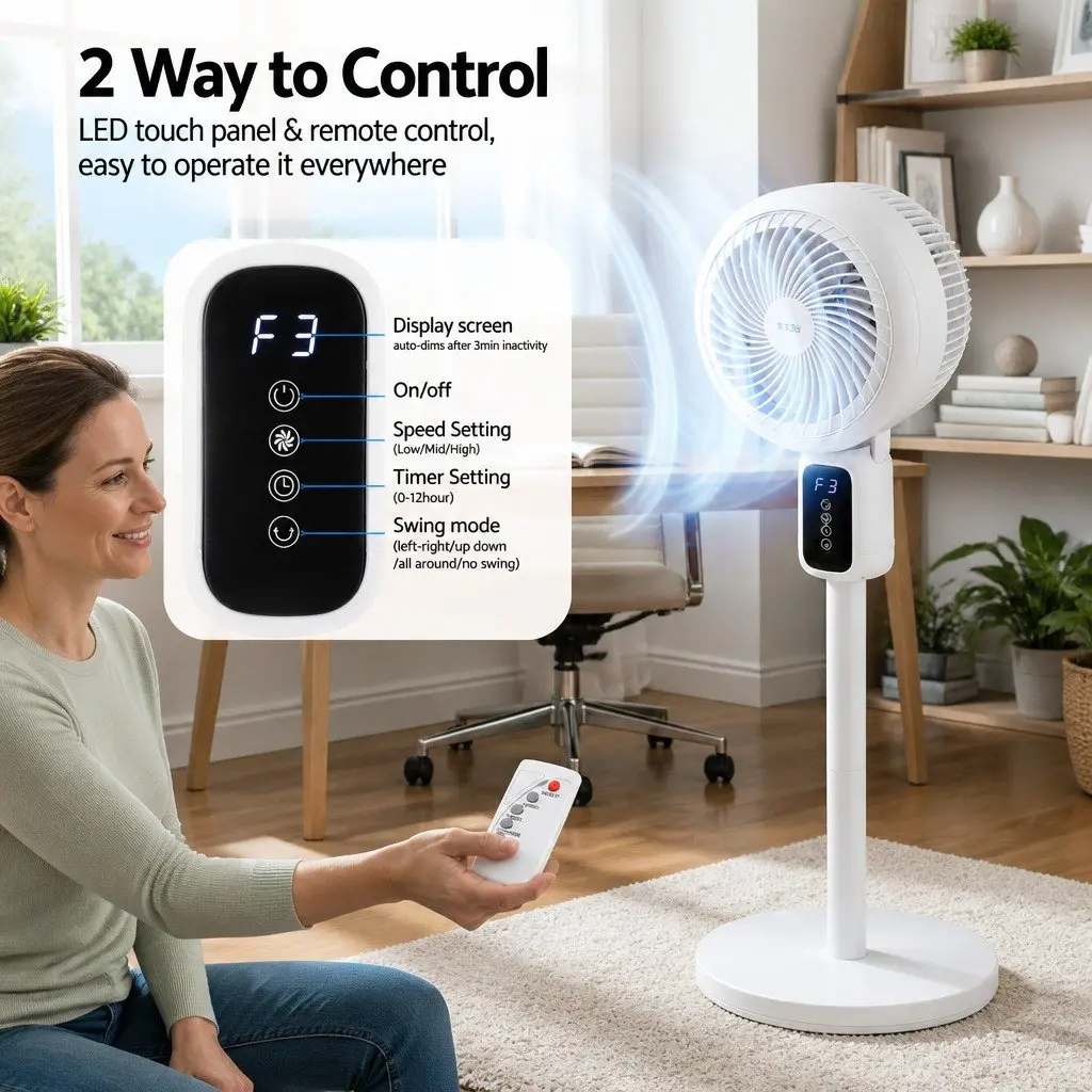 Pedestal Fan White Height Adjustable Remote Control 3 Speed 12H Timer